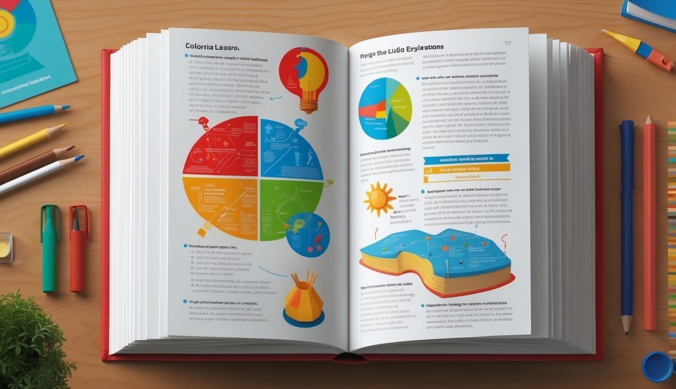 Open book with colorful diagrams, charts, and text on a wooden table