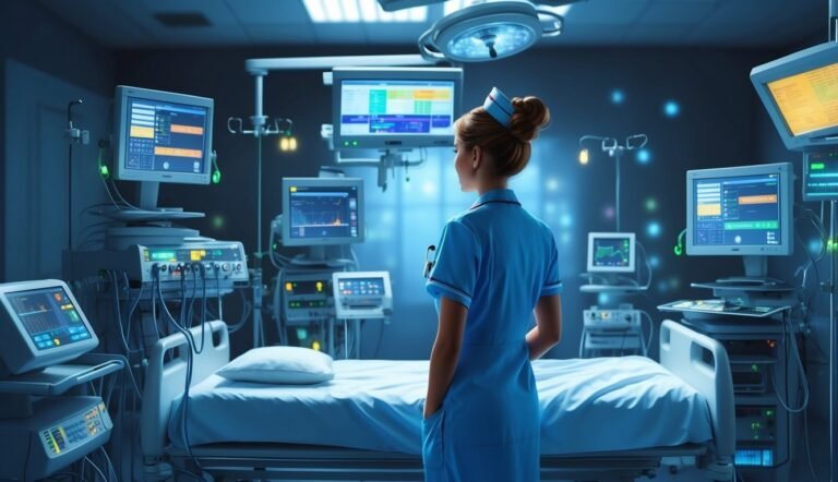 Nurse in blue uniform stands in a hospital room with medical equipment