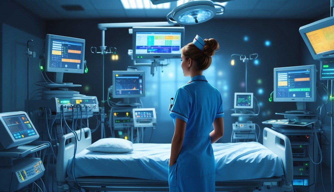 Nurse in blue uniform stands in a hospital room with medical equipment