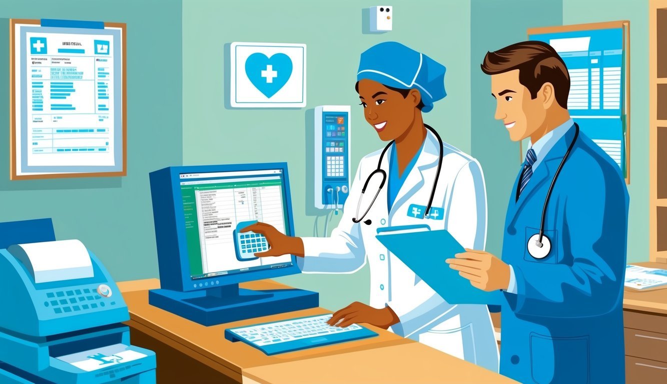 A hospital room with a nurse inputting data into a computer system while a doctor reviews a patient's file.</p><p>Medical equipment and charts are visible