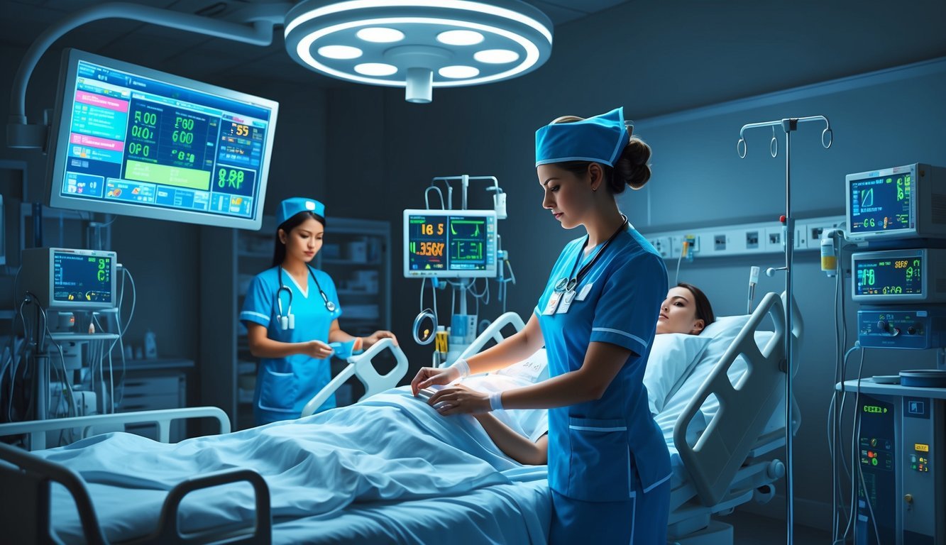 A busy ICU nurse monitors patient vitals and adjusts medical equipment in a dimly lit hospital room