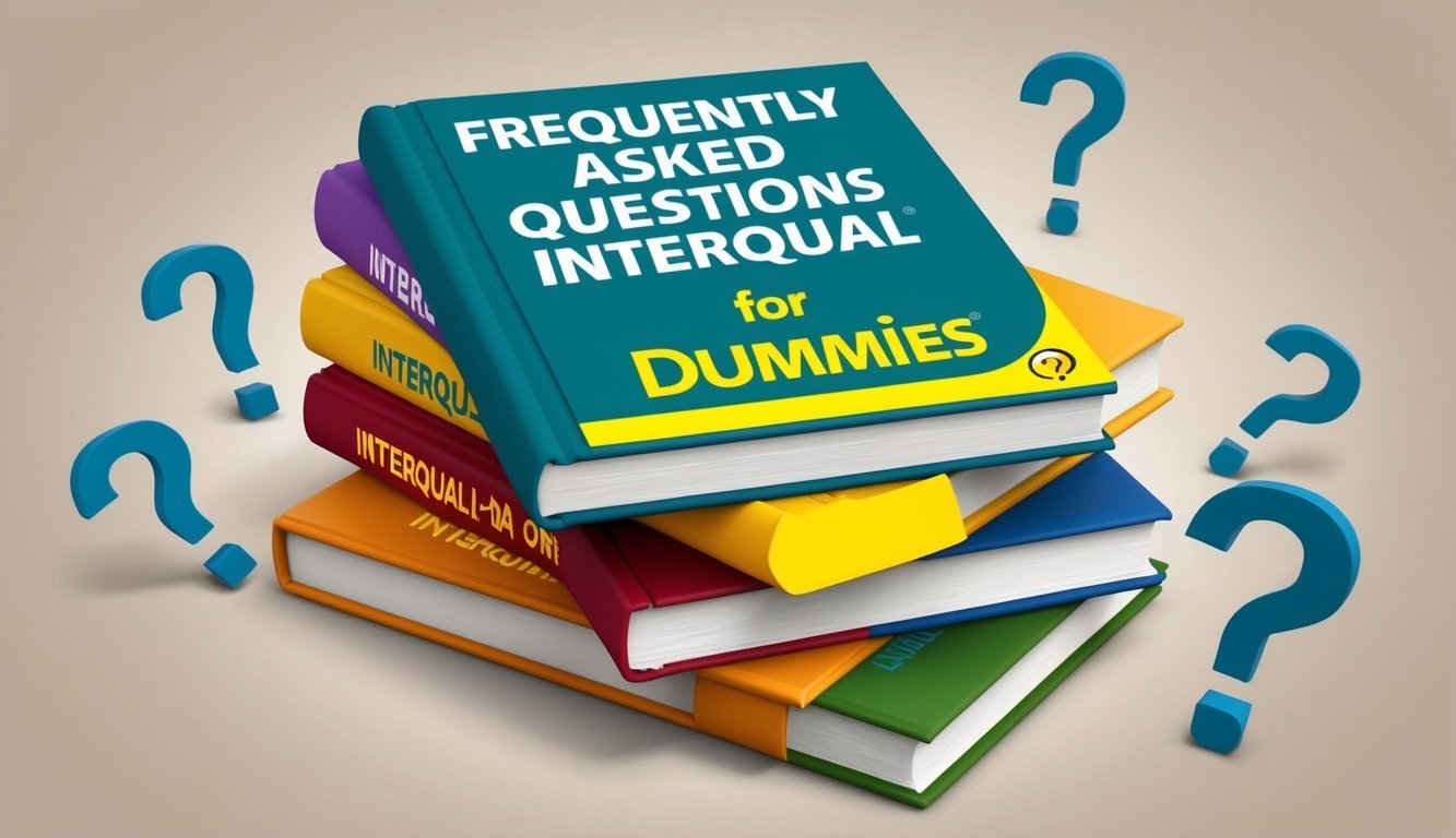 A stack of colorful books with "Frequently Asked Questions Interqual for Dummies" on the cover, surrounded by question marks