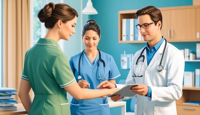 Three medical professionals examining a patient's arm in a clinic