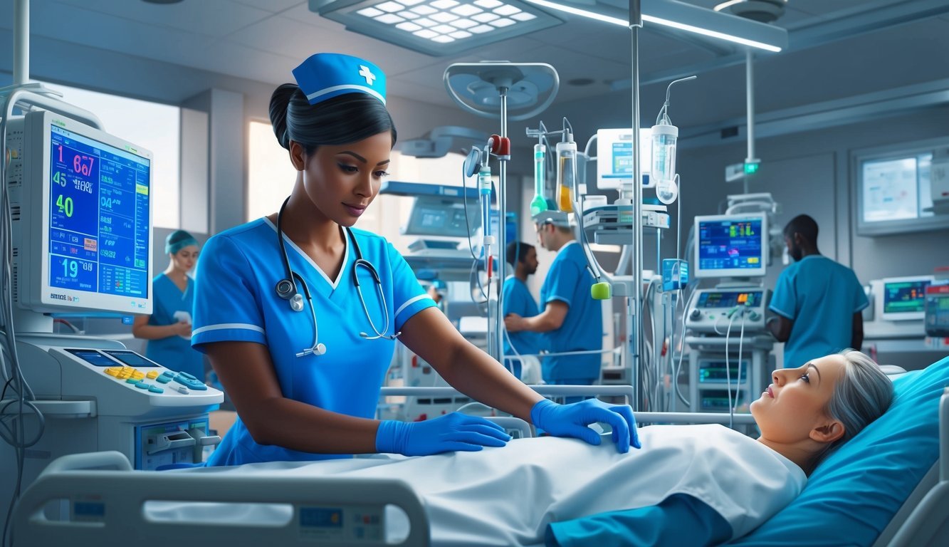 An ICU nurse checking vital signs and adjusting medical equipment in a busy, high-tech intensive care unit