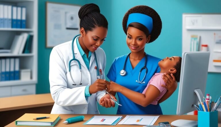 Two doctors examine a child in a medical office