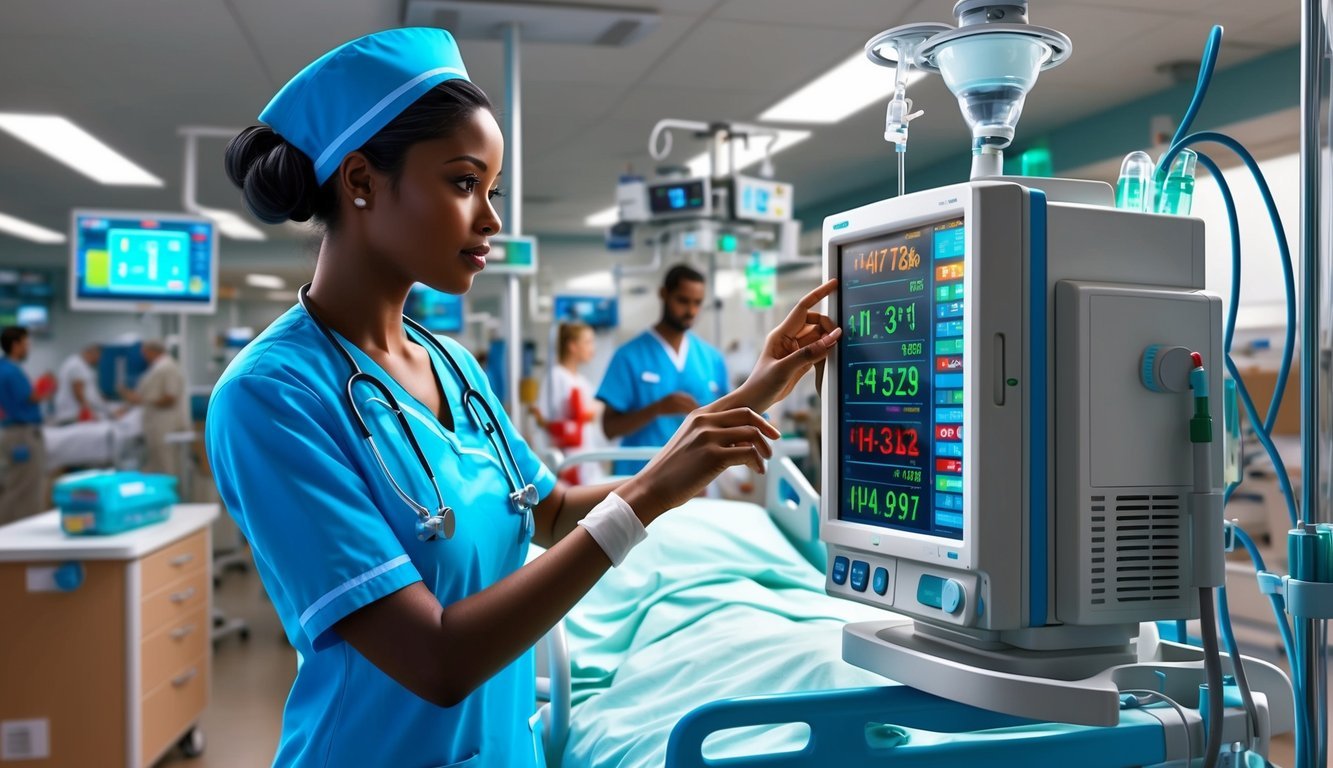 An ICU nurse monitoring vital signs and adjusting medical equipment in a busy hospital unit