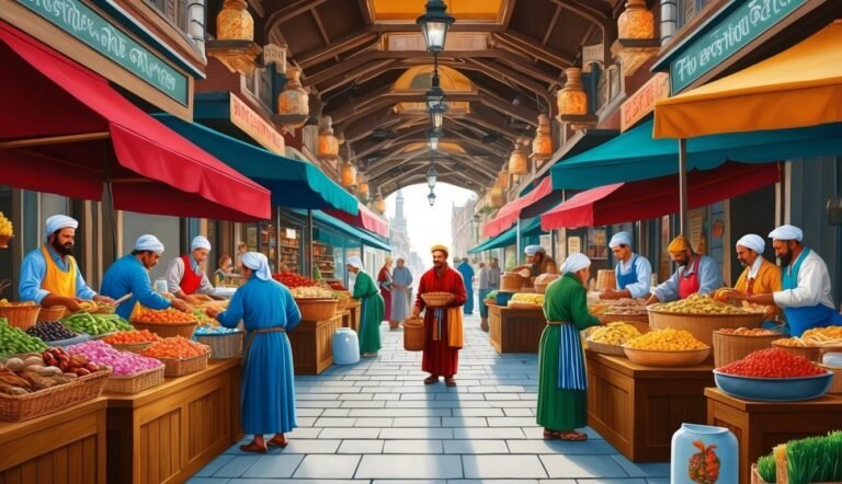 A bustling marketplace with vendors selling produce under awnings