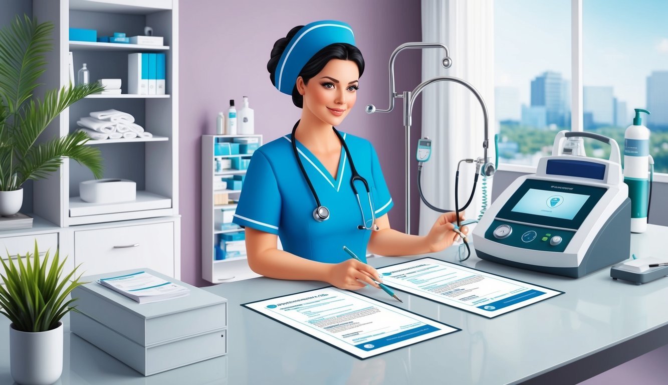 Aesthetic nurse performing a certification process with medical equipment and documentation on a clean, organized workspace