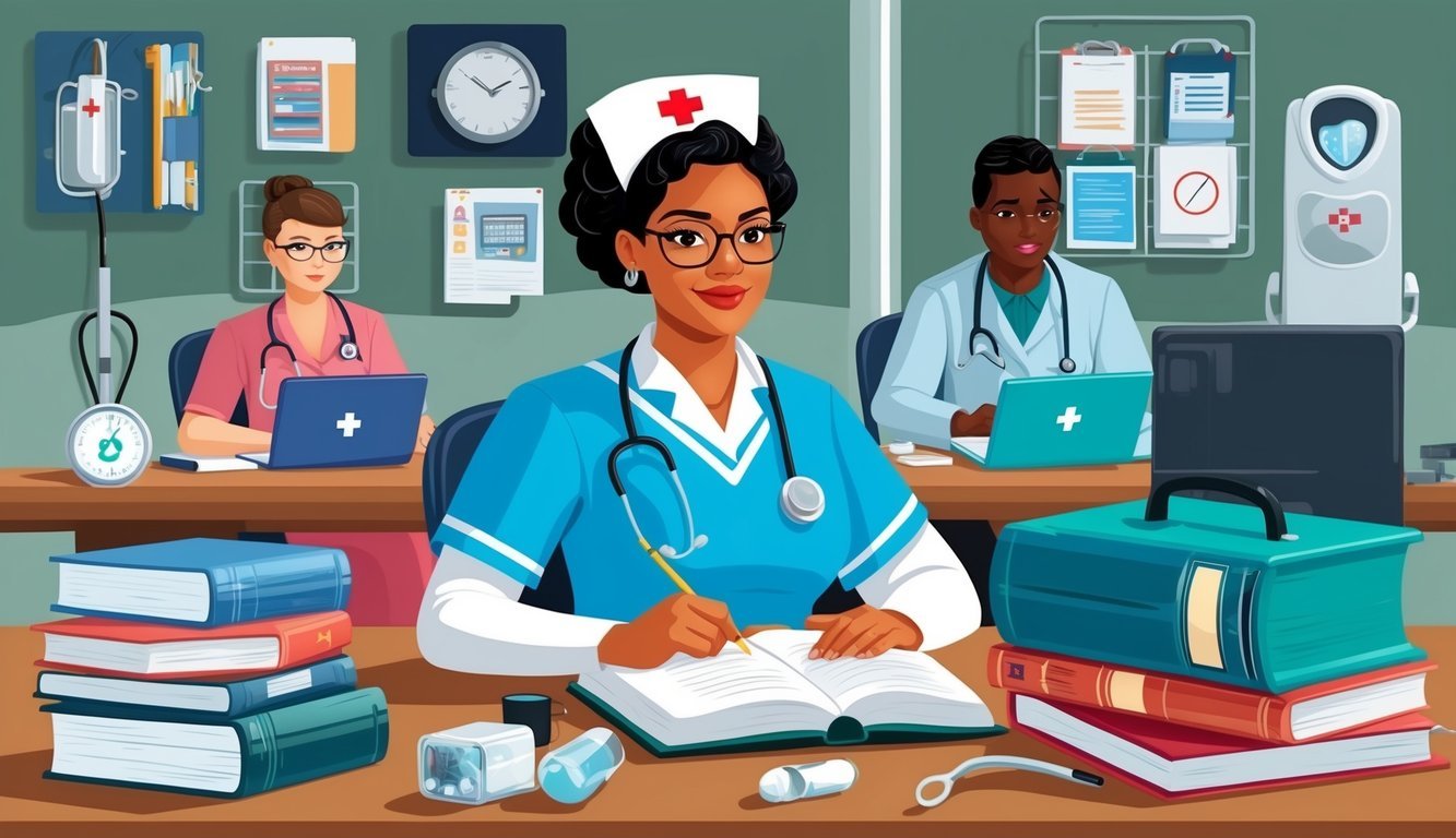 A nurse studying and attending workshops, surrounded by medical equipment and textbooks
