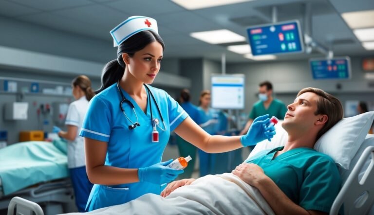 Nurse giving medication to a patient in a hospital bed