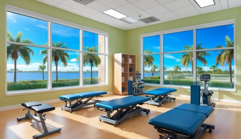 Physical therapy room with blue treatment tables and tropical view