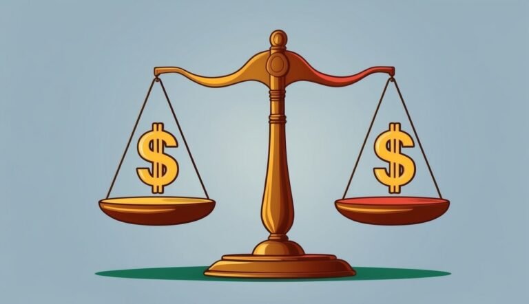 A golden balance scale with dollar signs in each pan