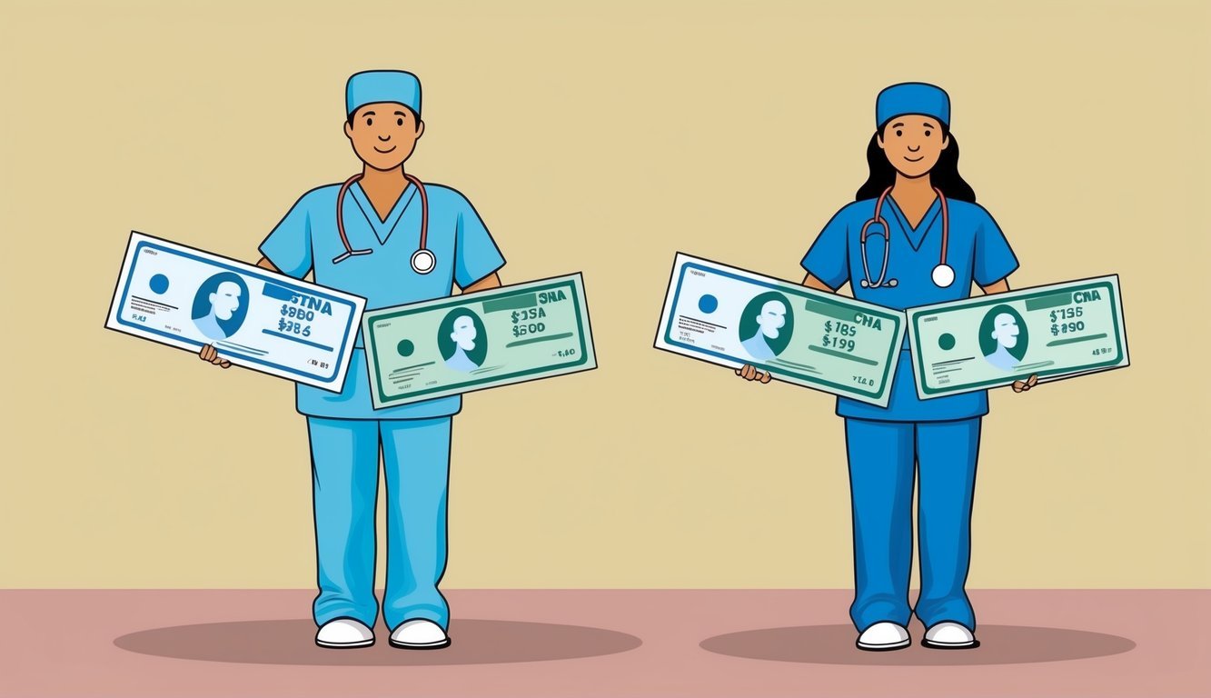 A STNA and CNA standing side by side, each with a different paycheck symbolizing the salary difference between the two roles