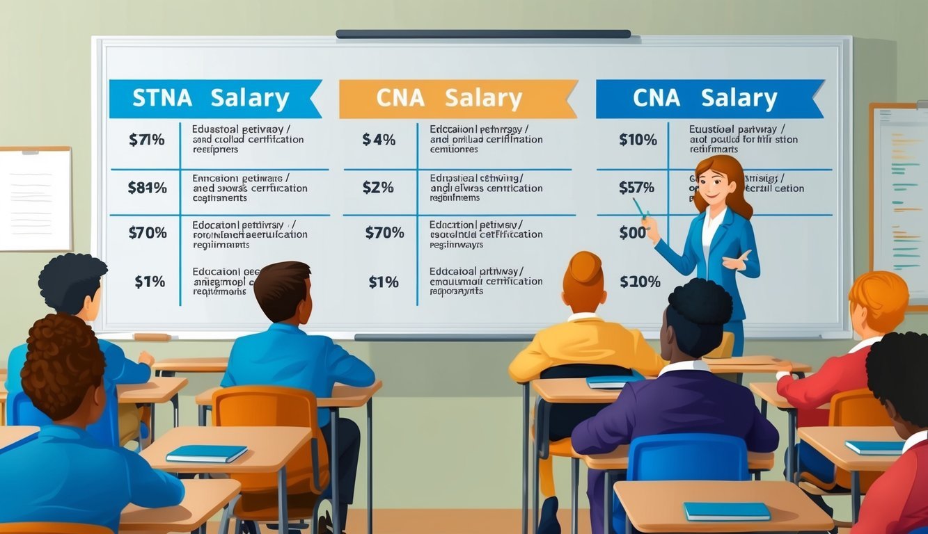A classroom setting with a whiteboard showing the comparison of STNA and CNA salary, with educational pathways and certification requirements listed