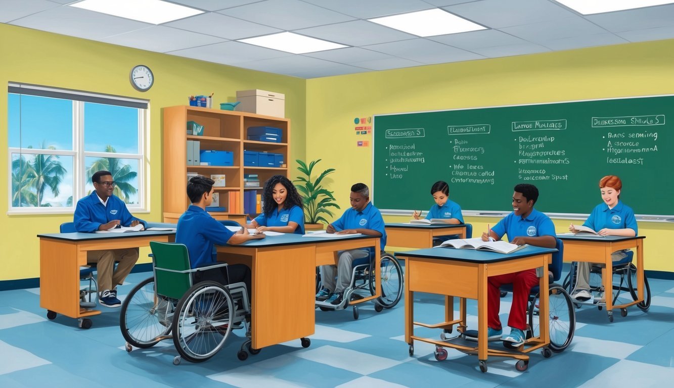 A classroom with physical therapy equipment and students studying specialized curriculum in a Florida school