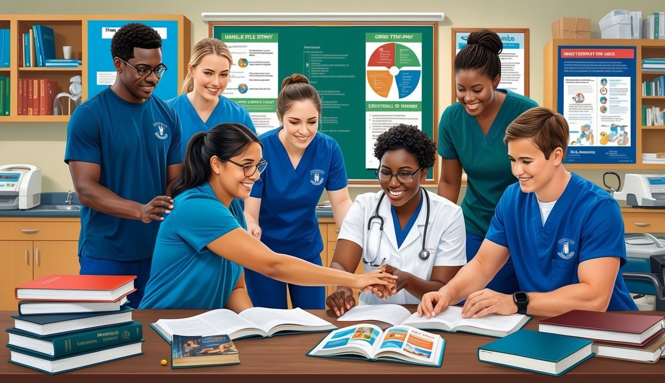 A group of physical therapy students engage in hands-on learning at a Florida school, surrounded by textbooks, medical equipment, and informative posters