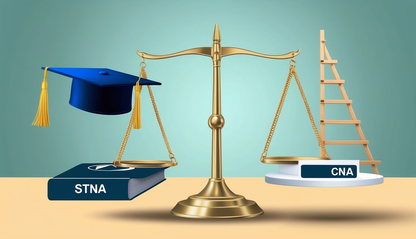 A scale comparing STNA and CNA salary with a graduation cap and certification badge on one side and a career ladder on the other