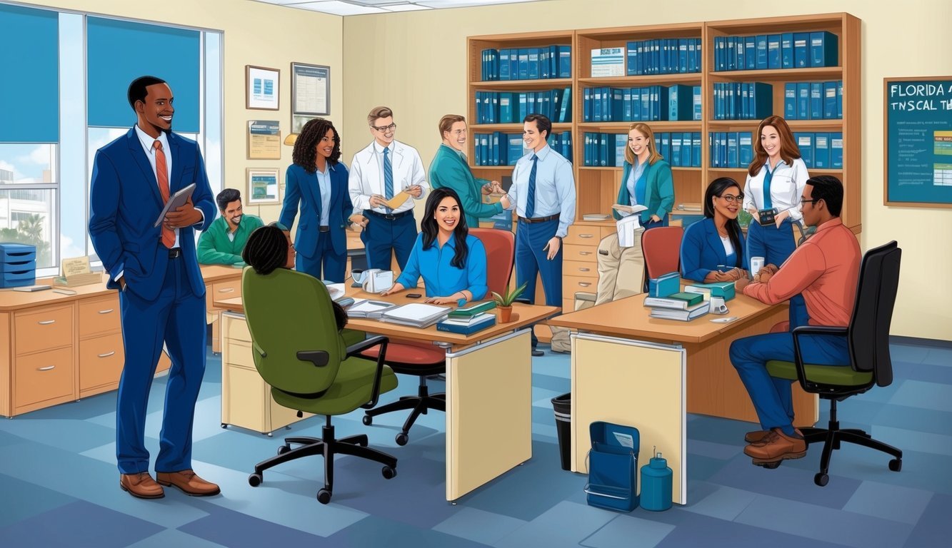A busy Florida physical therapy school office with students and faculty interacting