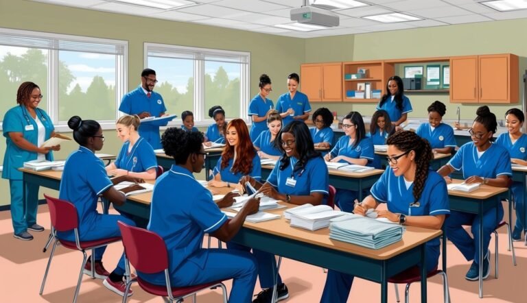 Nursing students in blue scrubs in a classroom, studying and interacting