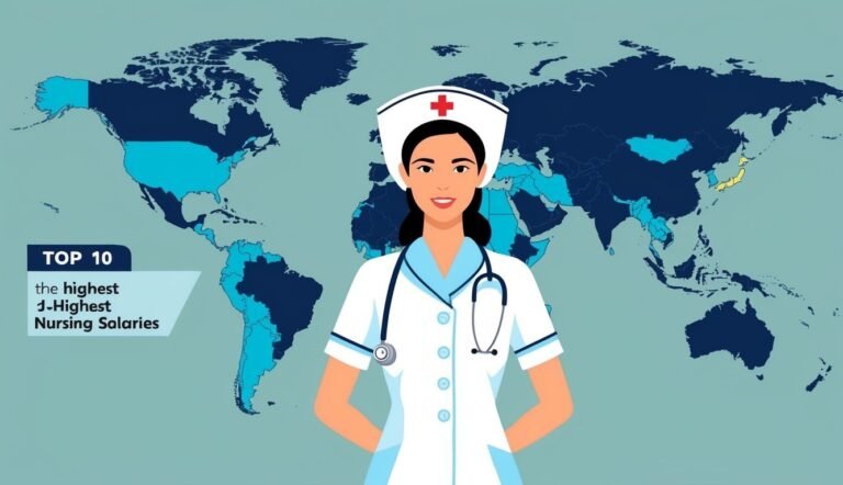 Nurse in front of world map, "Top 10 Nursing Salaries" graphic