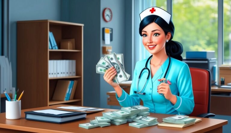 Nurse holding cash, smiling, with stacks of money on the desk