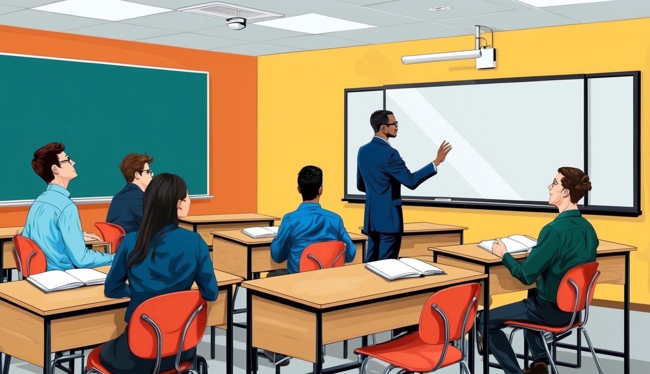 Teacher in a blue suit lecturing students in a classroom setting
