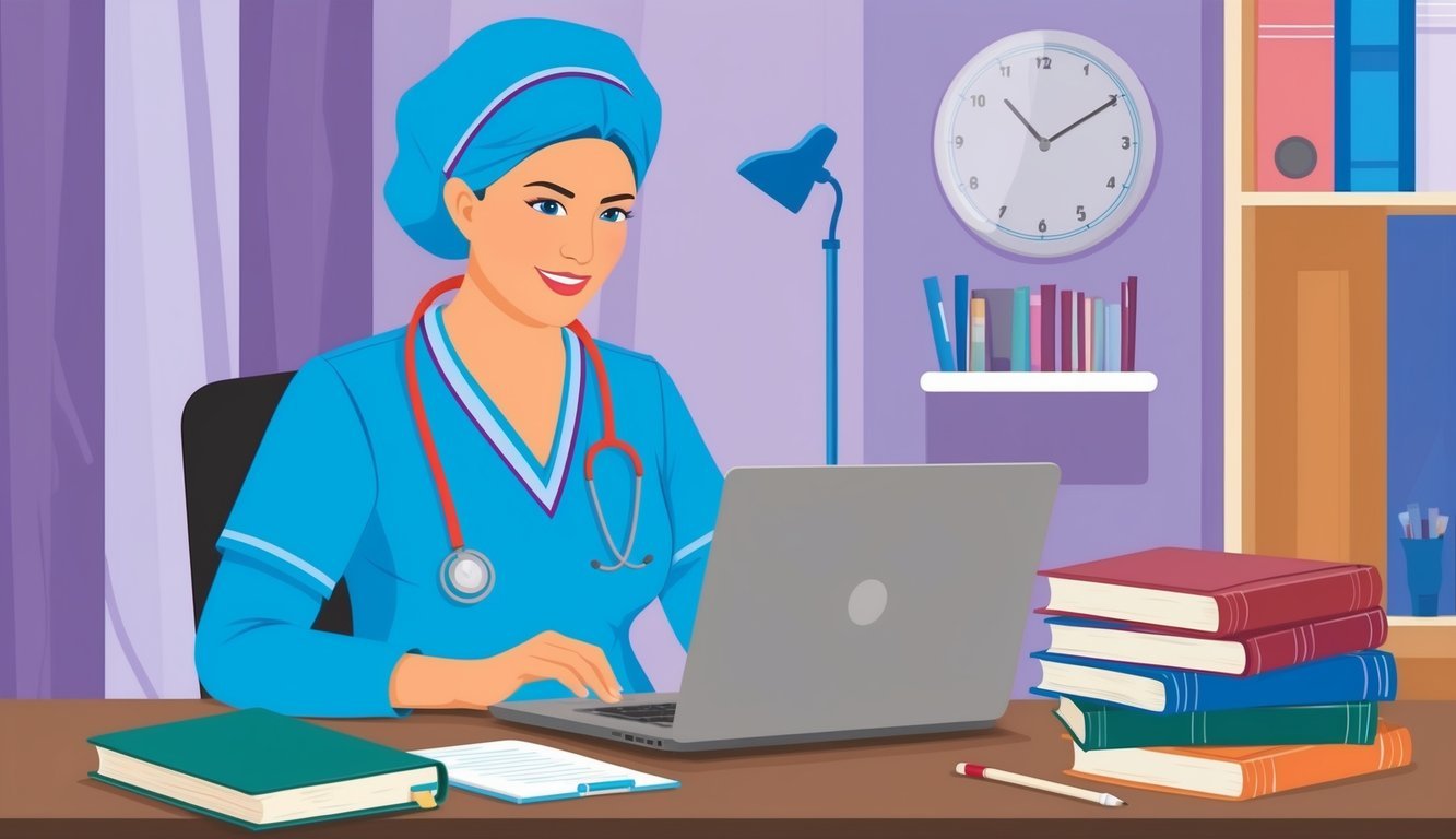 A nurse practitioner studying at a desk with a laptop and textbooks