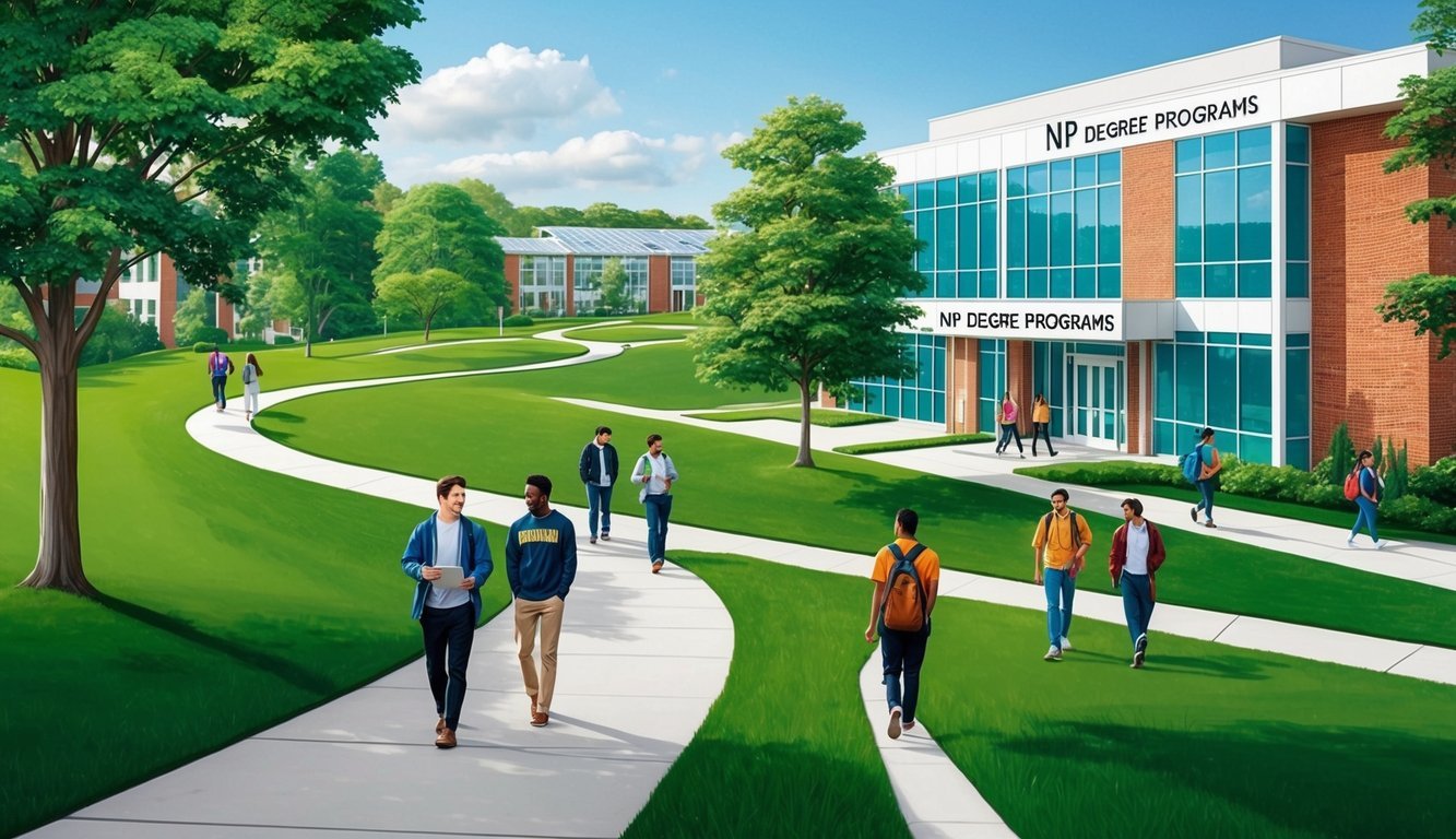 A winding path through a lush green campus leads to a modern building with a sign reading "NP Degree Programs." Students walk and talk along the pathway