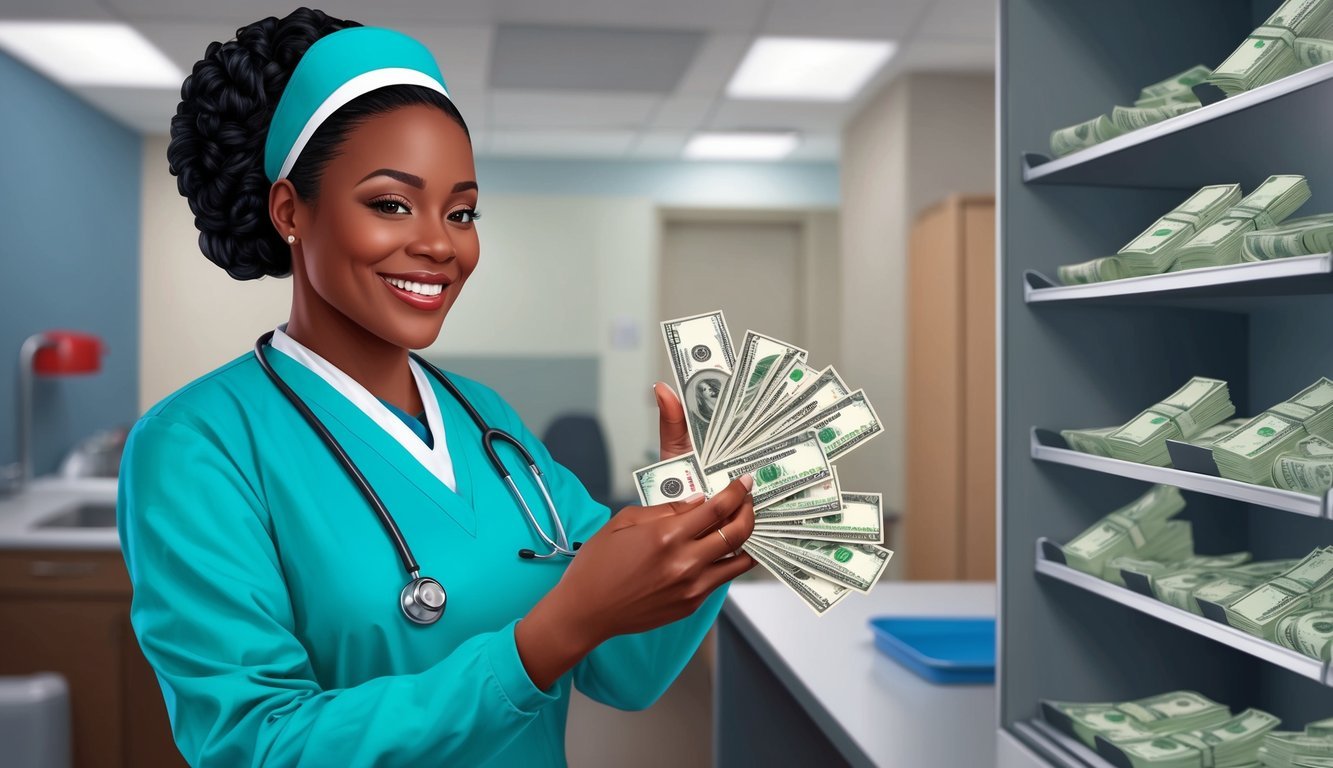 A labor and delivery nurse counting money with a smile