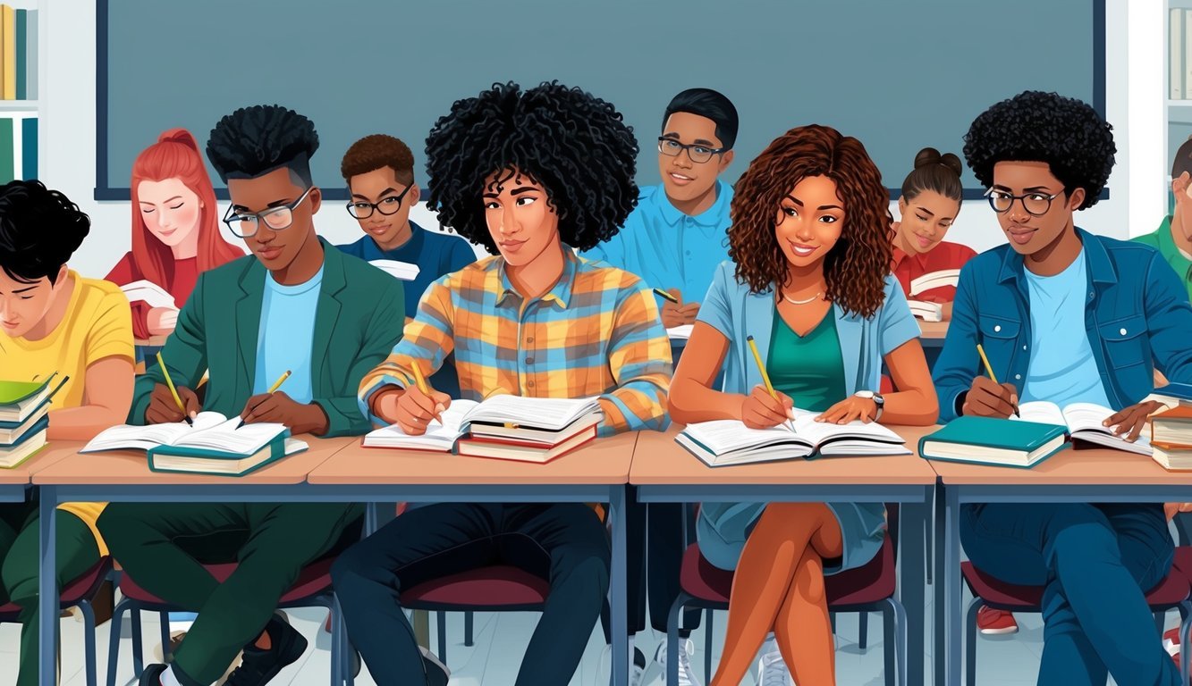 A group of diverse students studying textbooks and taking notes in a modern classroom setting