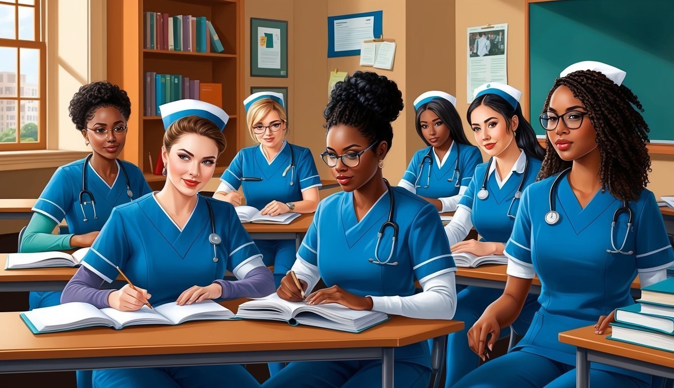 Group of diverse nurses in blue scrubs studying in a classroom