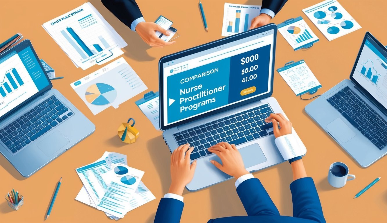 A person comparing prices of different nurse practitioner programs online, surrounded by open laptops and printed charts