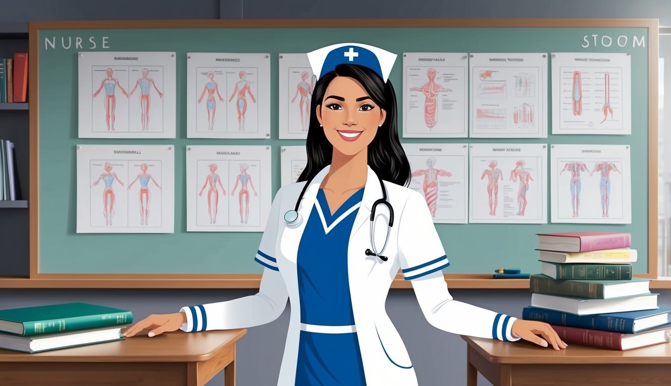 A nurse in a white uniform stands in a classroom, surrounded by textbooks and a whiteboard filled with nursing diagrams