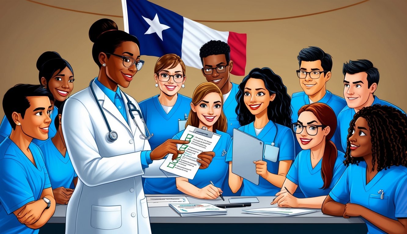 A nurse in a white coat reviewing a checklist of requirements with a group of eager LVN students, a Texas flag hanging in the background