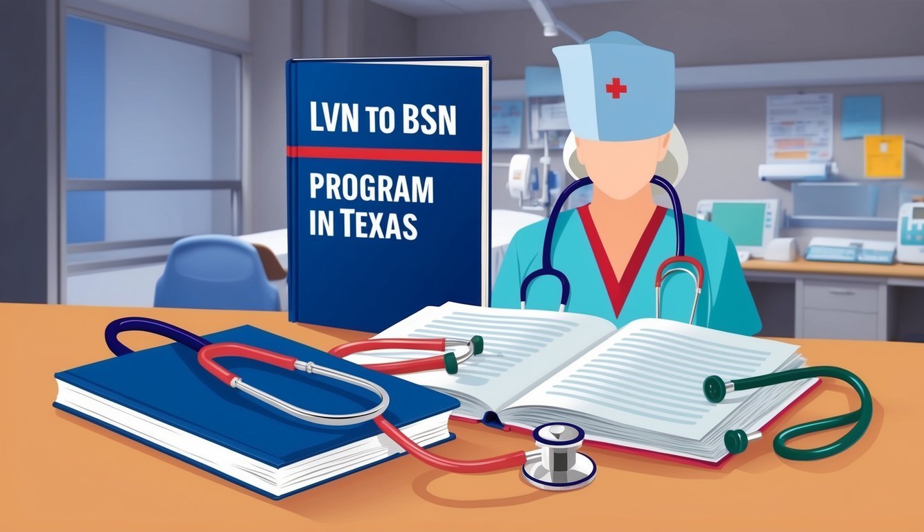 A stethoscope, textbook, and hospital setting for LVN to BSN program in Texas