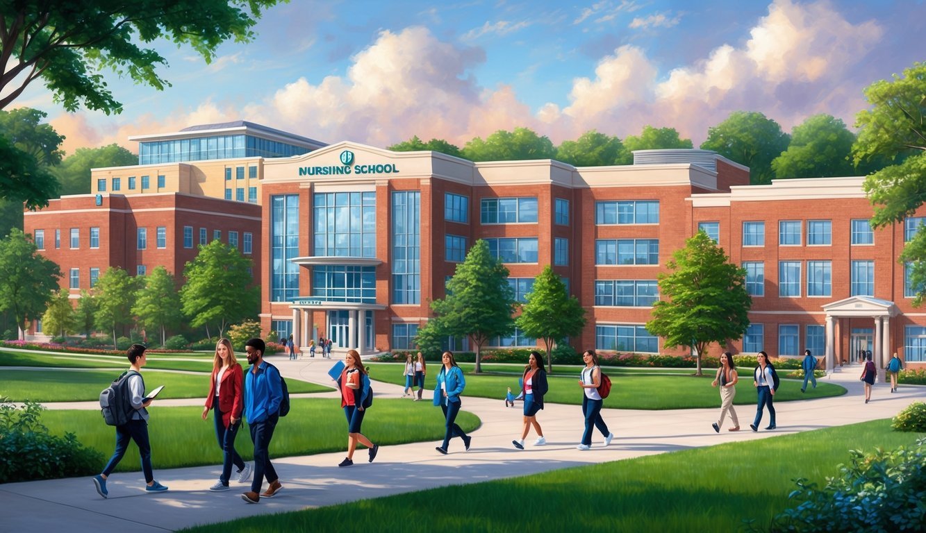 A bustling campus with various buildings, including a nursing school, surrounded by lush greenery and students walking to and from class