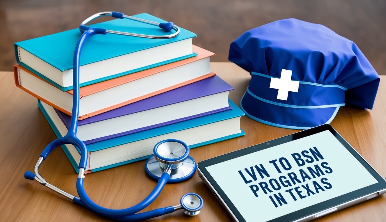 A stethoscope and nursing cap rest on a stack of textbooks, with a laptop displaying "LVN to BSN programs in Texas" on the desk