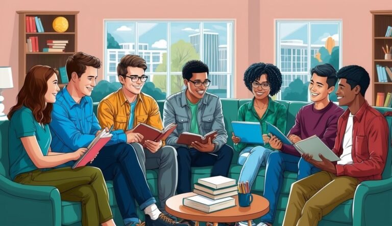 Group of diverse students reading and discussing books on a couch