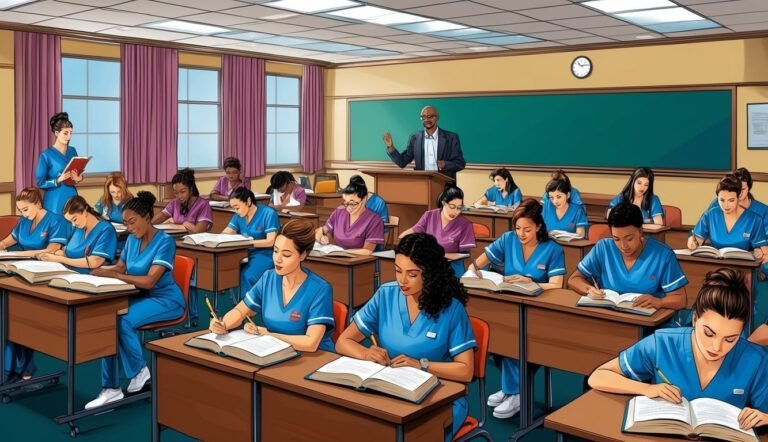 Nursing students in scrubs take notes in a classroom with a professor