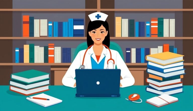 Nurse with stethoscope and laptop, surrounded by books, smiling at the viewer