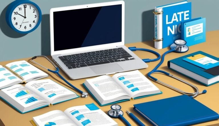 Laptop, books, stethoscope, and clock on a desk, medical study concept