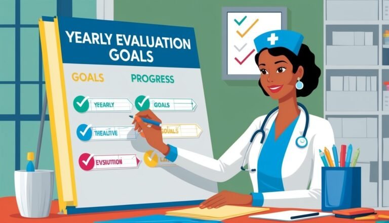 A smiling nurse reviews a yearly evaluation goals chart with a pen