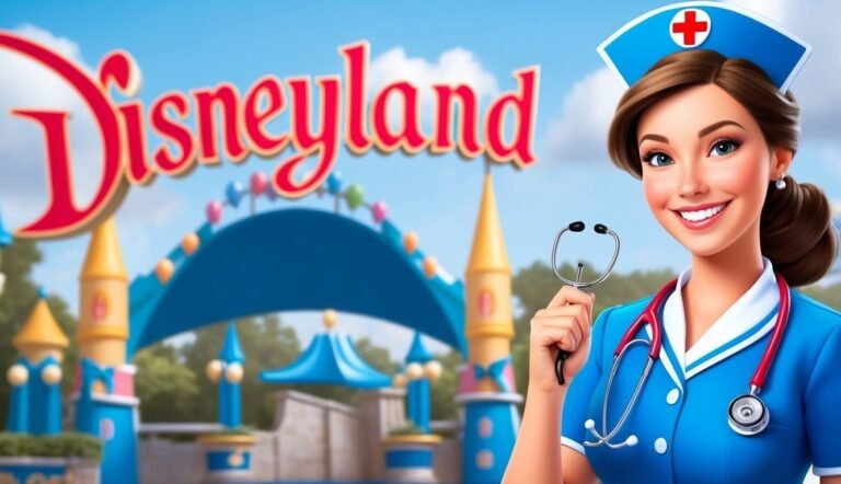 Nurse in blue uniform smiling in front of Disneyland entrance