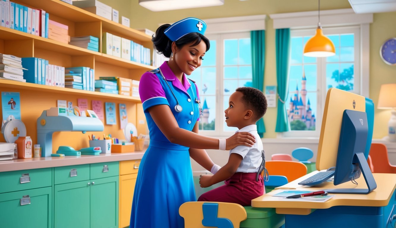 A nurse in a colorful uniform tends to a child in a cheerful, bustling medical office at Disneyland
