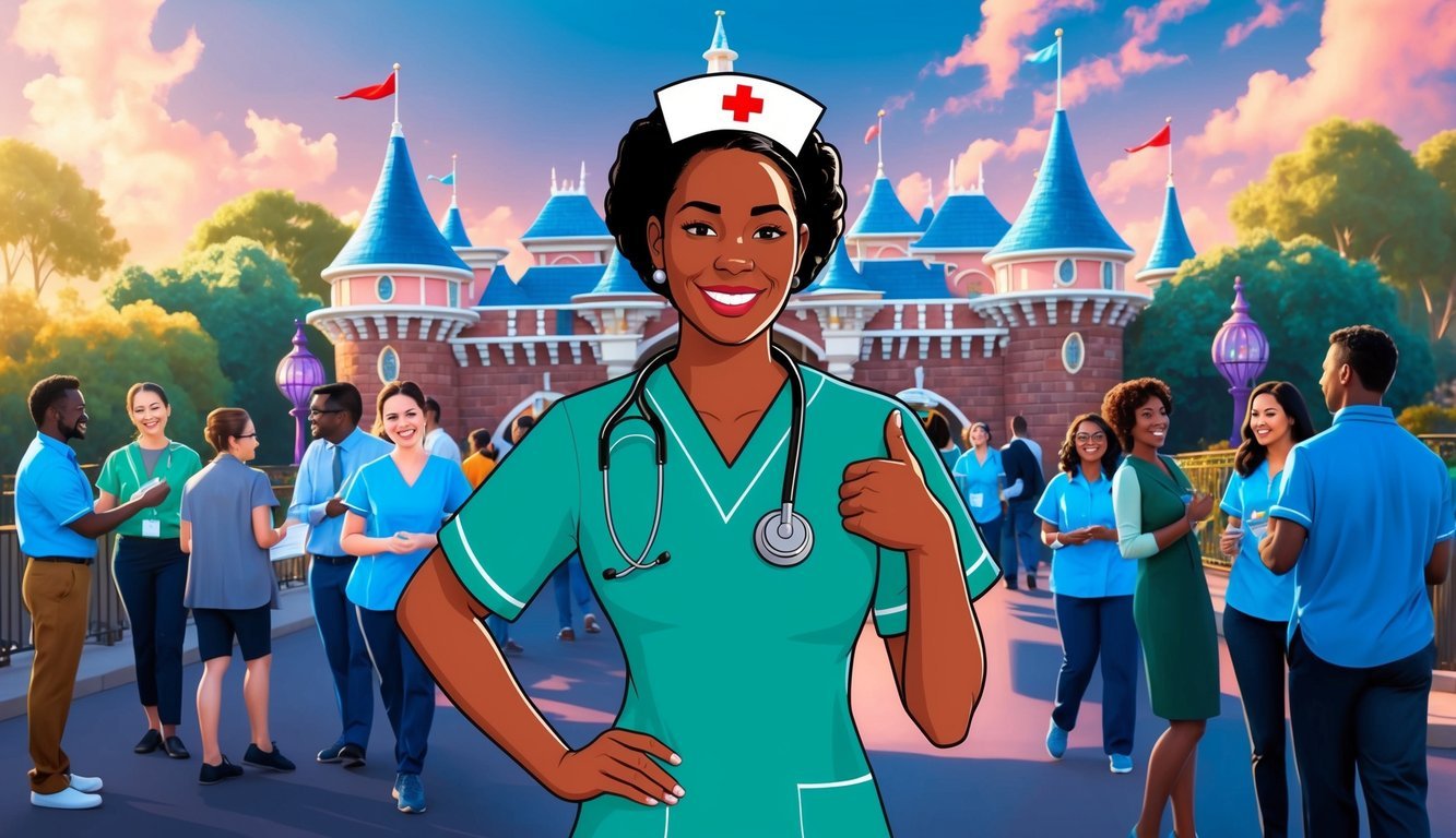 A nurse attending a professional development event at Disneyland, surrounded by opportunities for learning and growth