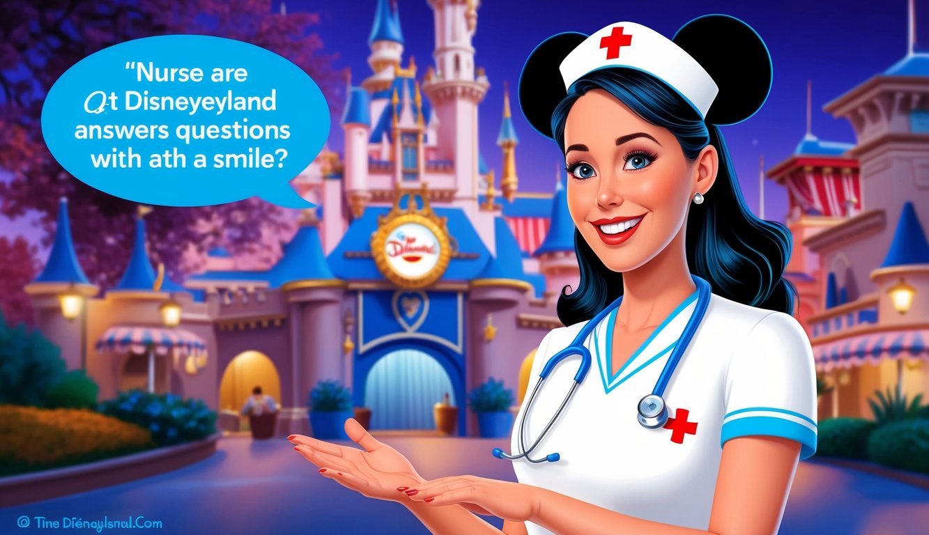 A nurse at Disneyland answers questions with a smile