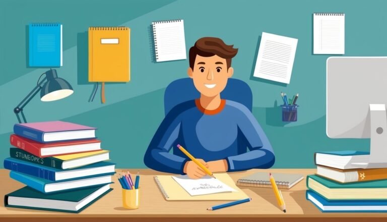 A student writing at a desk surrounded by books and notebooks