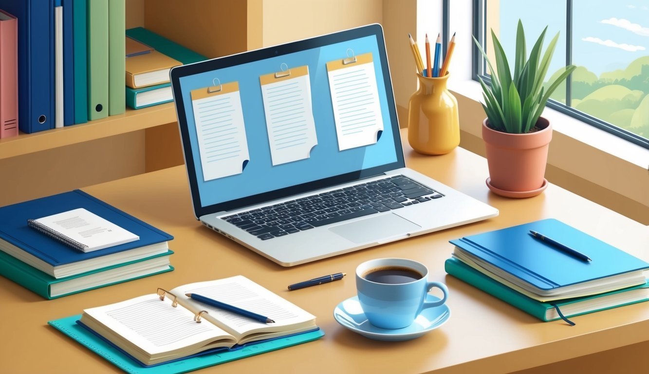 Laptop with documents, books, coffee, and plant on a desk