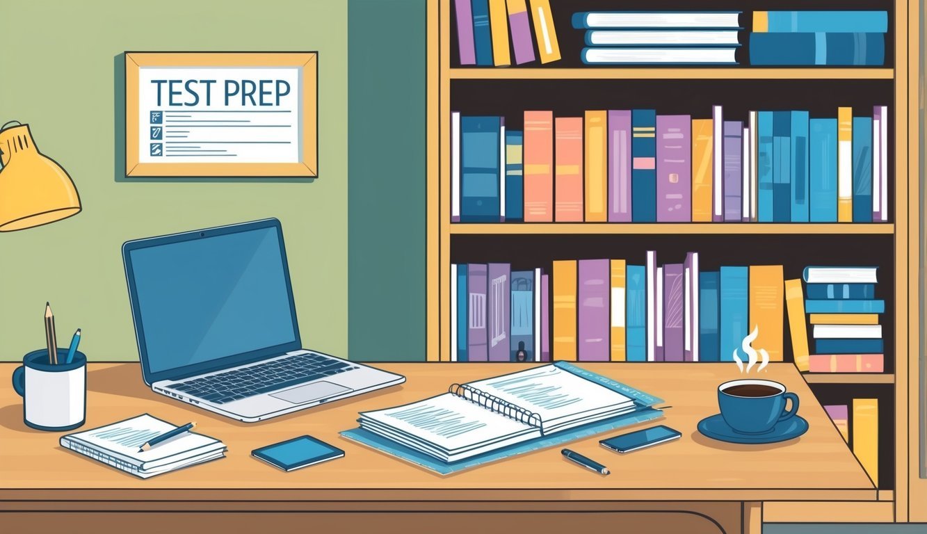 A desk with study materials, a laptop, and a cup of coffee.</p><p>A bookshelf filled with test prep books and resources.</p><p>A quiet, organized study space