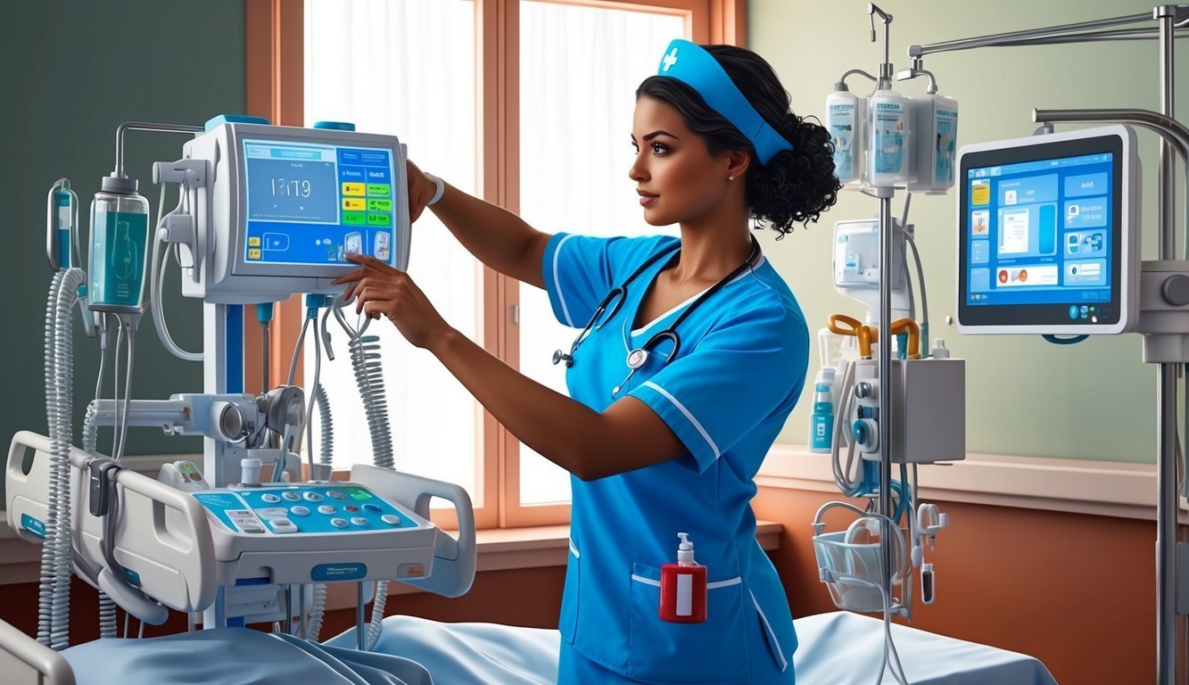 Nurse in scrubs adjusts medical equipment in a hospital room